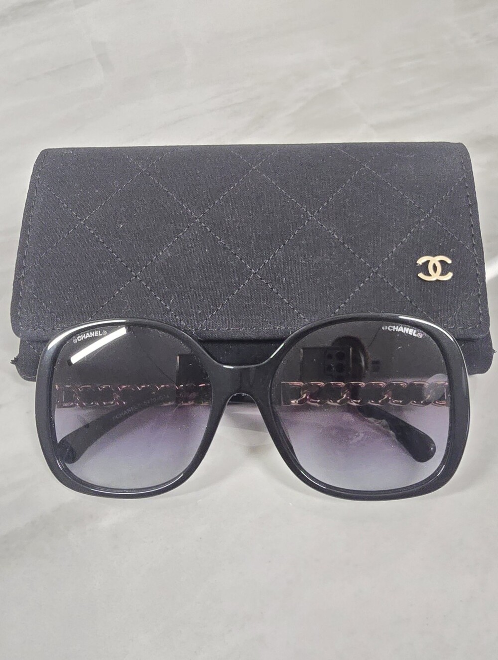 CHANEL Black Sunglasses with Gold Chain-Accents